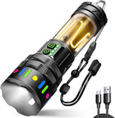 Black flashlight with colorful buttons and USB cable on a white background
